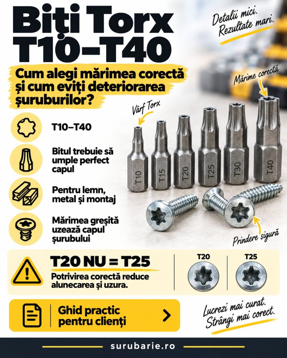 Biți Torx T10–T40: cum Alegi Mărimea Corectă și cum Eviți Deteriorarea șuruburilor 1 Biți Torx T10–T40: cum Alegi Mărimea Corectă și cum Eviți Deteriorarea șuruburilor