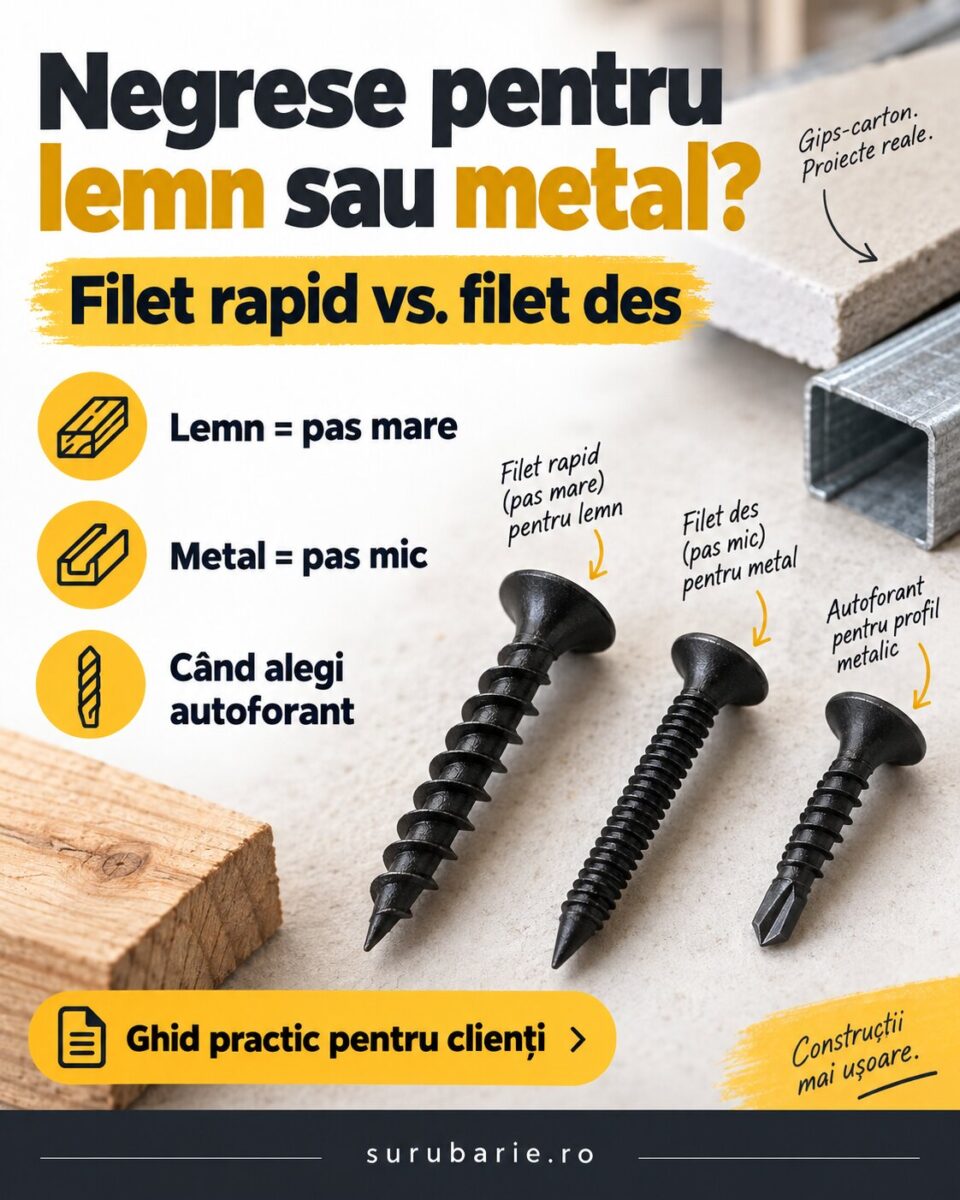 Negrese pentru Lemn sau Metal? Filet Rapid (pas mare) vs. Filet Des (pas mic) la șuruburile de Gips-carton 12 Negrese pentru Lemn sau Metal? Filet Rapid (pas mare) vs. Filet Des (pas mic) la șuruburile de Gips-carton