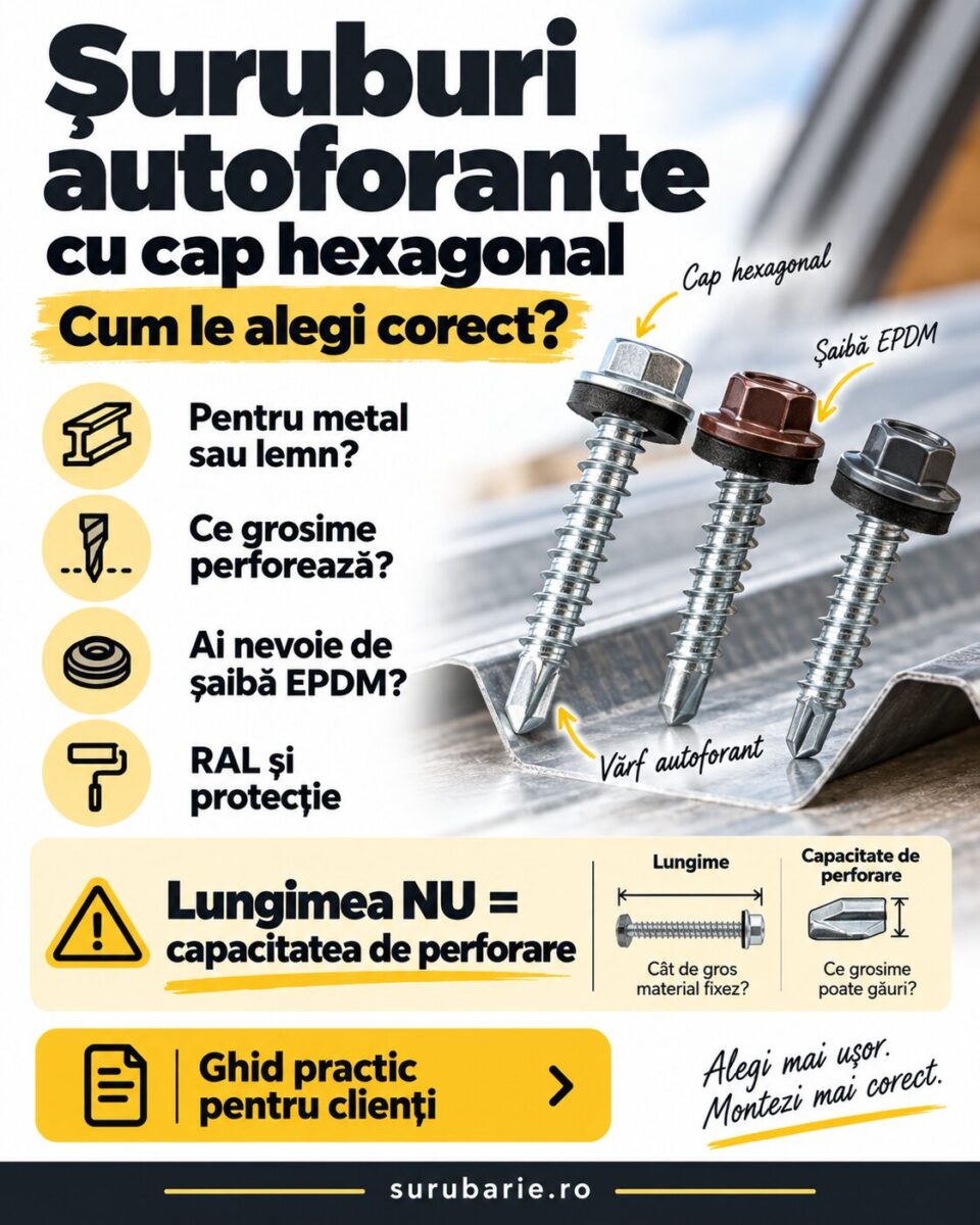 Șuruburi Autoforante cu Cap Hexagonal: Cum Alegi Diametrul, Lungimea, șaiba EPDM și Grosimea metalului 1 Șuruburi Autoforante cu Cap Hexagonal: Cum Alegi Diametrul, Lungimea, șaiba EPDM și Grosimea metalului