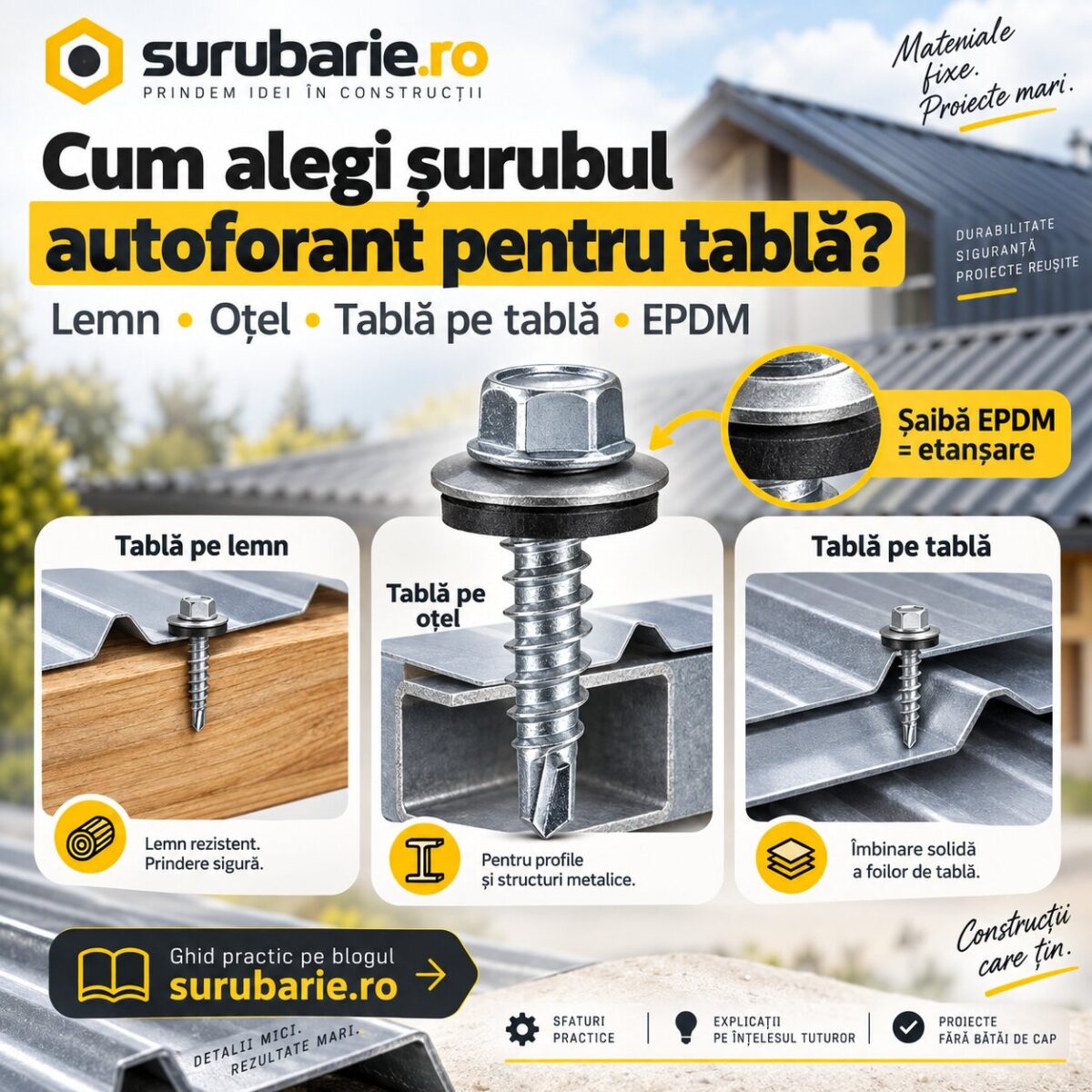 Șuruburi Autoforante pentru Tablă: cum Alegi Corect între Lemn, Metal și șaibă EPDM 1 Șuruburi Autoforante pentru Tablă: cum Alegi Corect între Lemn, Metal și șaibă EPDM