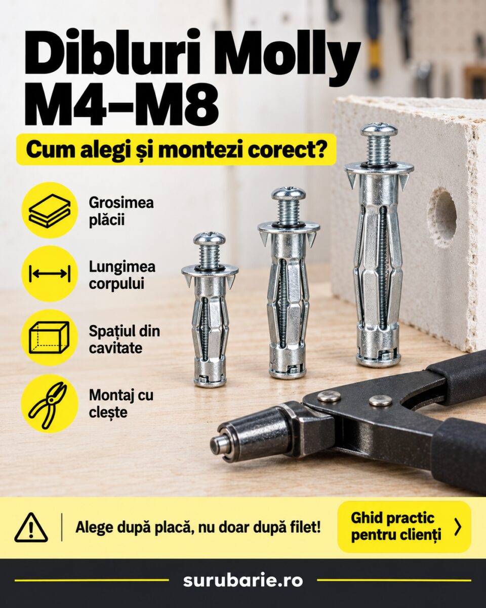 Dibluri Molly metalice M4–M8: cum alegi dimensiunea și le montezi corect 1 Dibluri Molly metalice M4–M8 și clește de montaj, ghid pentru alegerea dimensiunii după grosimea plăcii