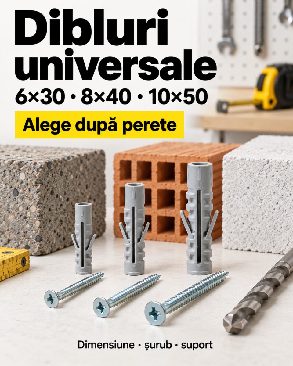 Dibluri universale: cum alegi 6×30, 8×40 sau 10×50 după perete și lucrare 1 Dibluri universale 6×30, 8×40 și 10×50 cu șuruburi, lângă beton, cărămidă și BCA