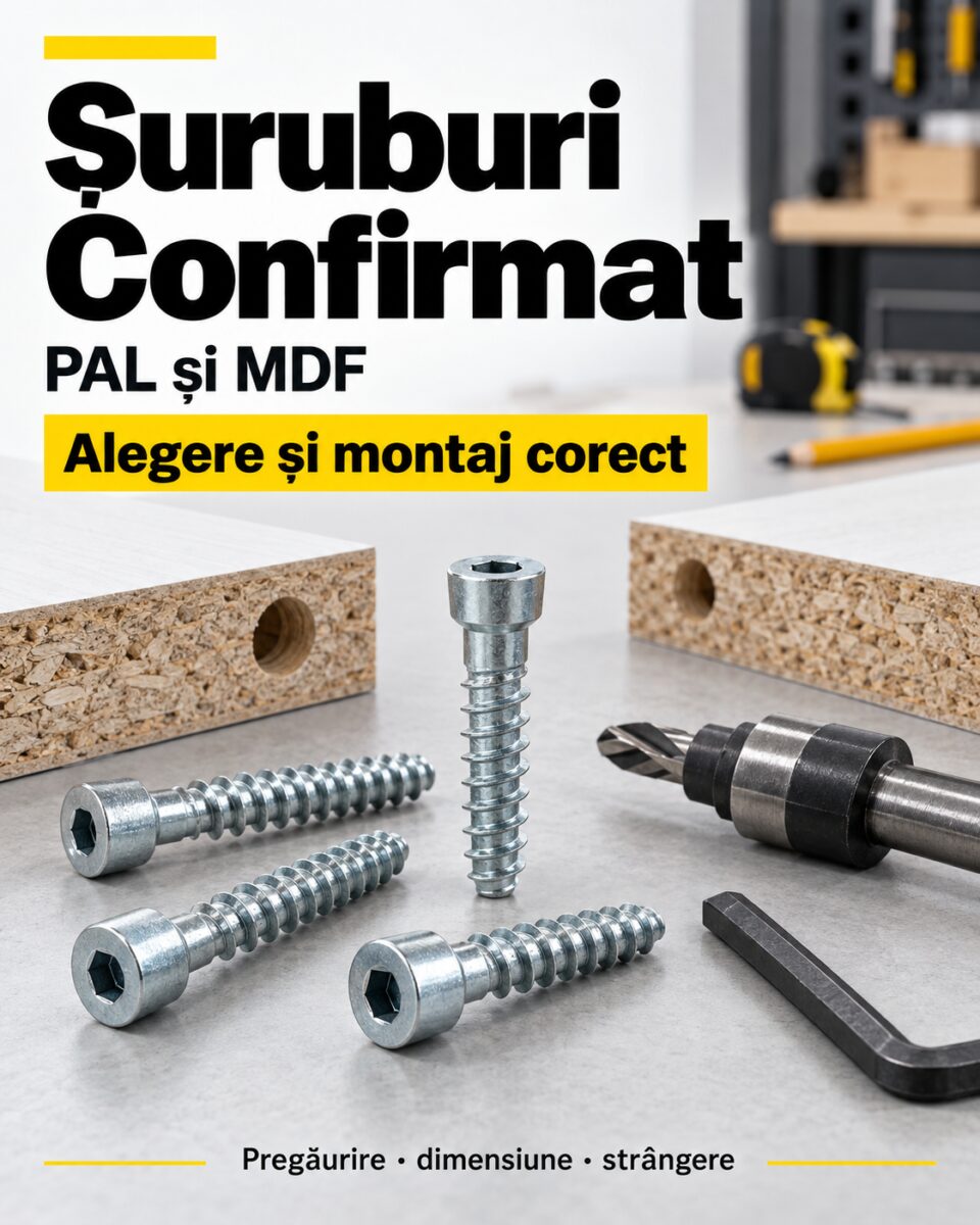 Șuruburi Confirmat pentru PAL și MDF cu locaș hexagonal, burghiu și cheie imbus