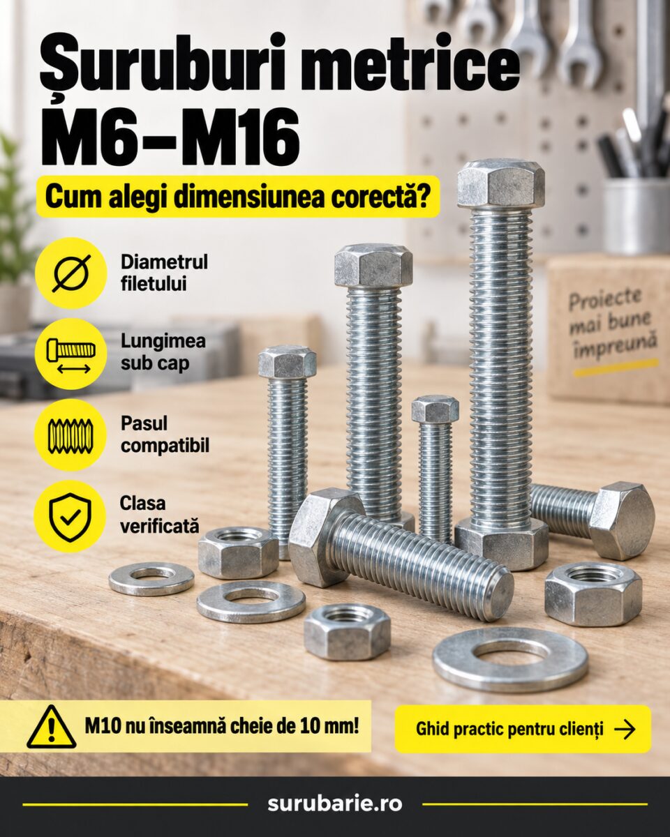 Șuruburi metrice cu cap hexagonal: cum alegi M6–M16, lungimea și clasa corectă 1 Șuruburi metrice cu cap hexagonal M6–M16, piuliță și șaibă, ghid de alegere a diametrului, lungimii și clasei